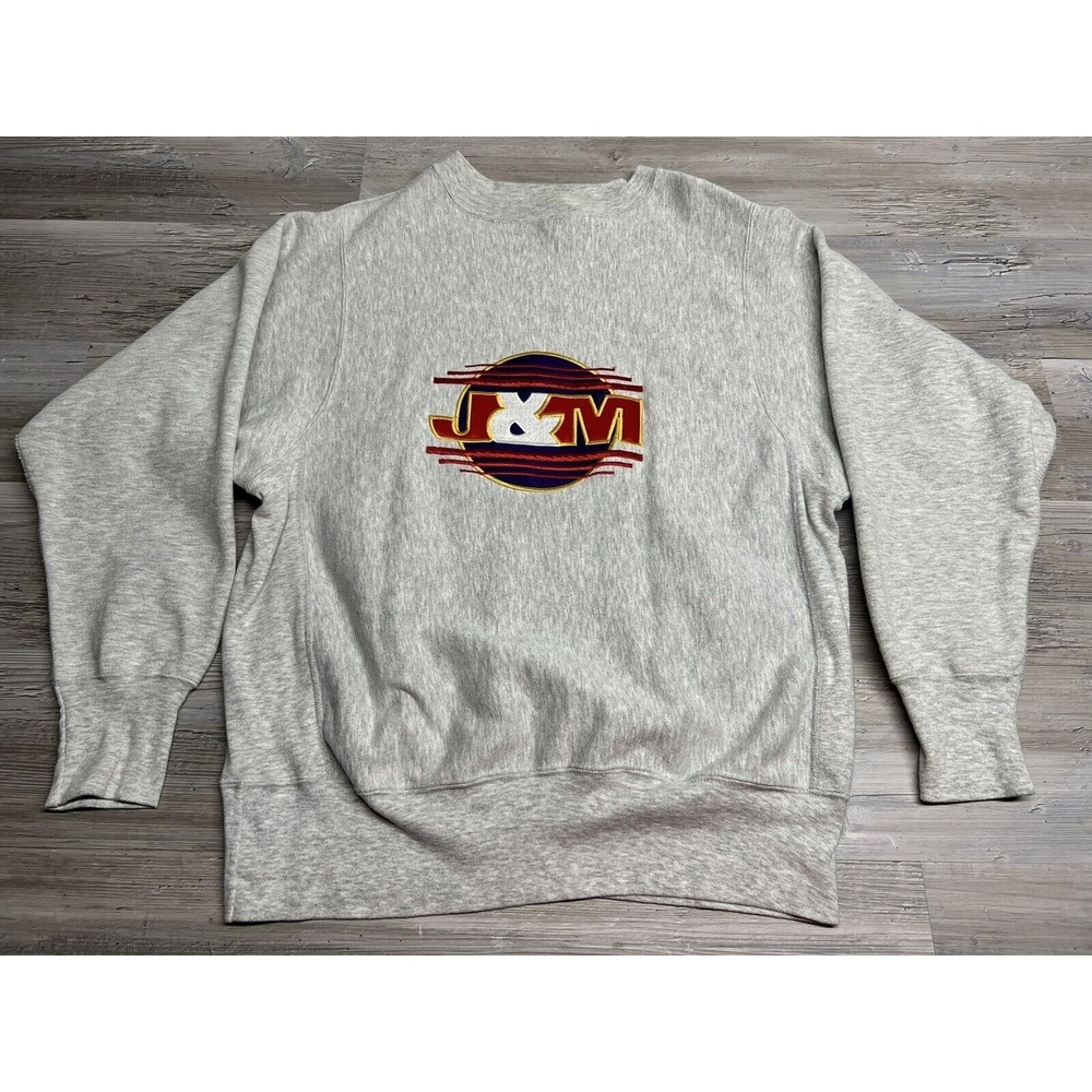 J&M Logo Sweatshirt M Gray Embroidered USA Made Rib Side Panels Retro